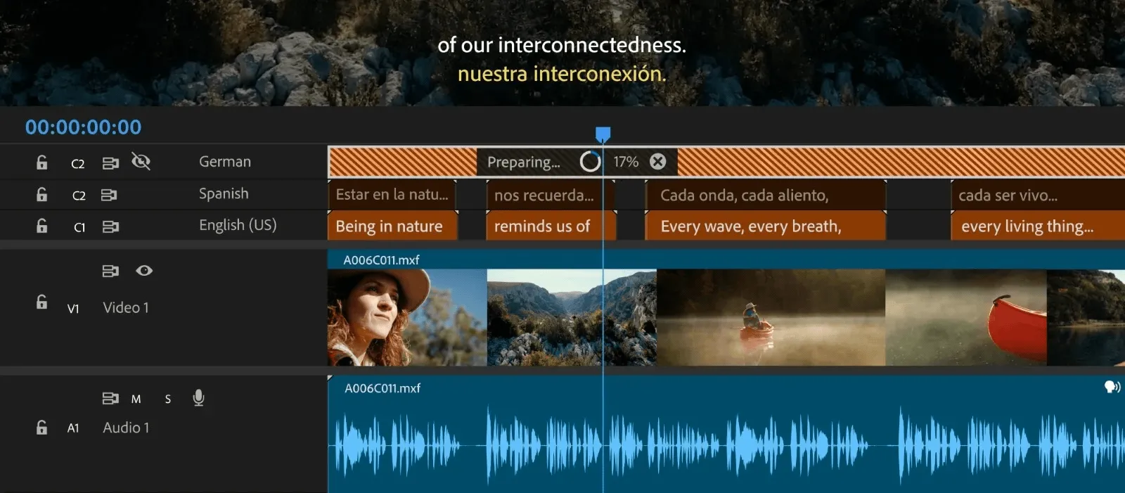 Adobe Premiere Pro hiển thị quá trình dịch phụ đề tự động cho video.