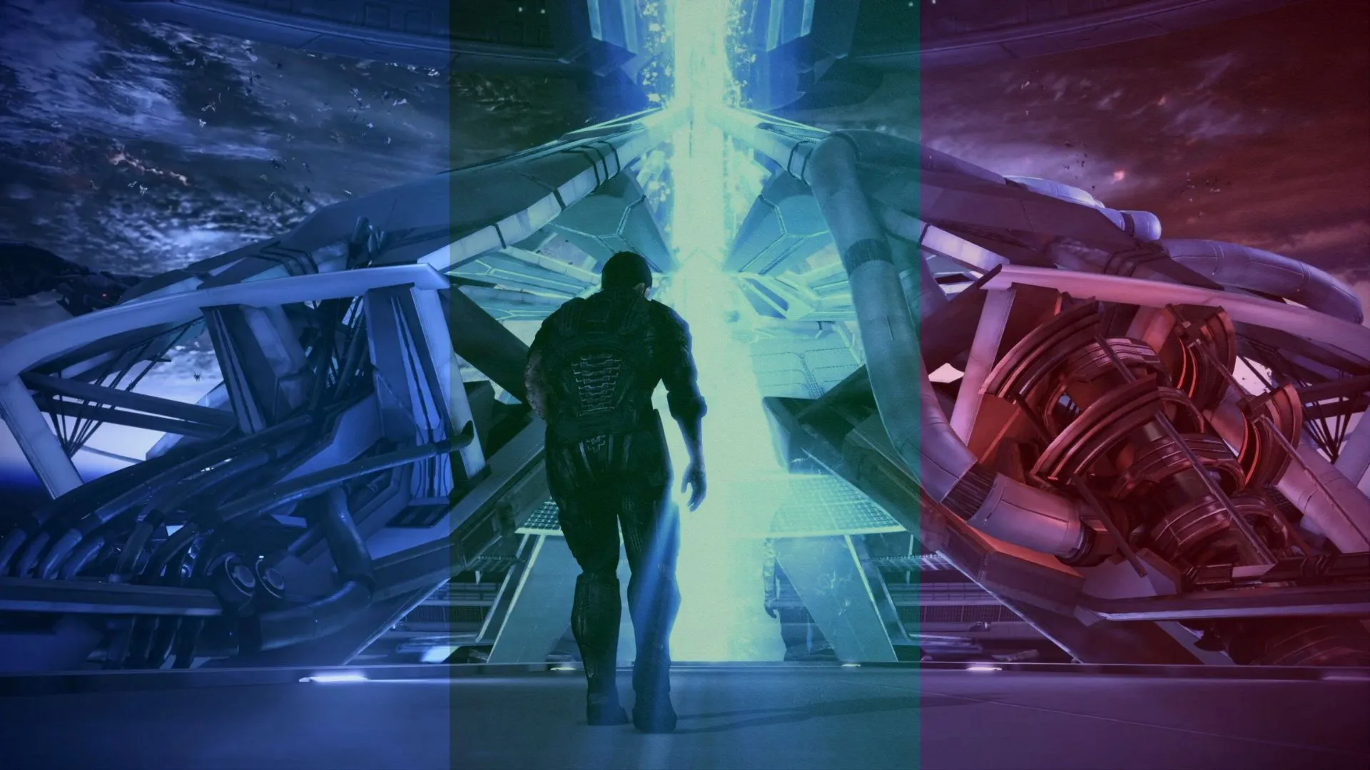 Ảnh chụp màn hình 3 lựa chọn cuối cùng được biểu thị bằng màu sắc trong Mass Effect 3, bối cảnh bí ẩn Anderson.