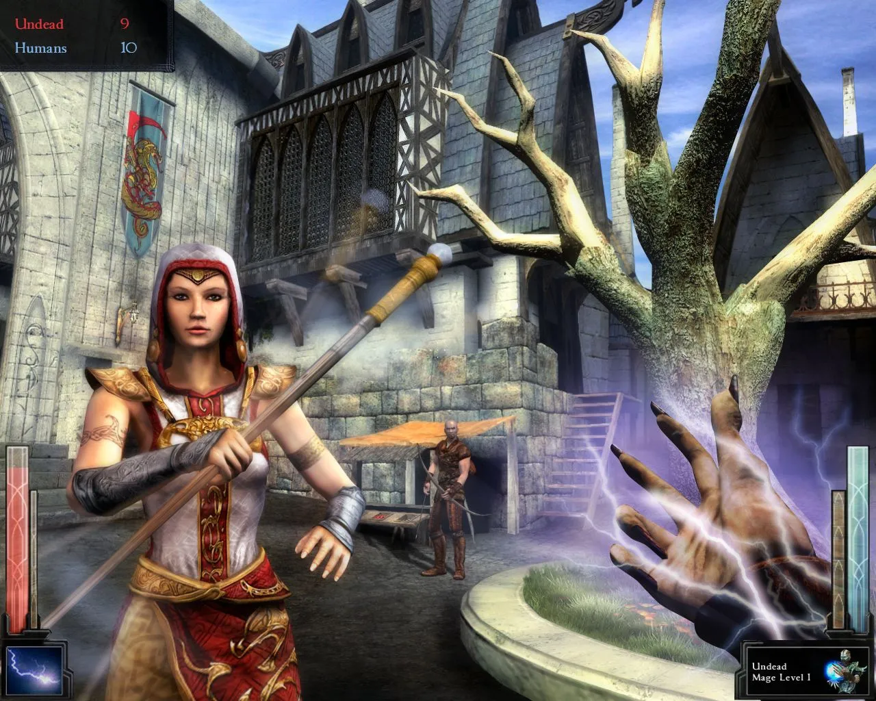 Ảnh chụp màn hình chính thức của Dark Messiah of Might and Magic, hiển thị một chiến binh đang chiến đấu với một Orc trong một hầm ngục, với hiệu ứng vật lý và môi trường tương tác