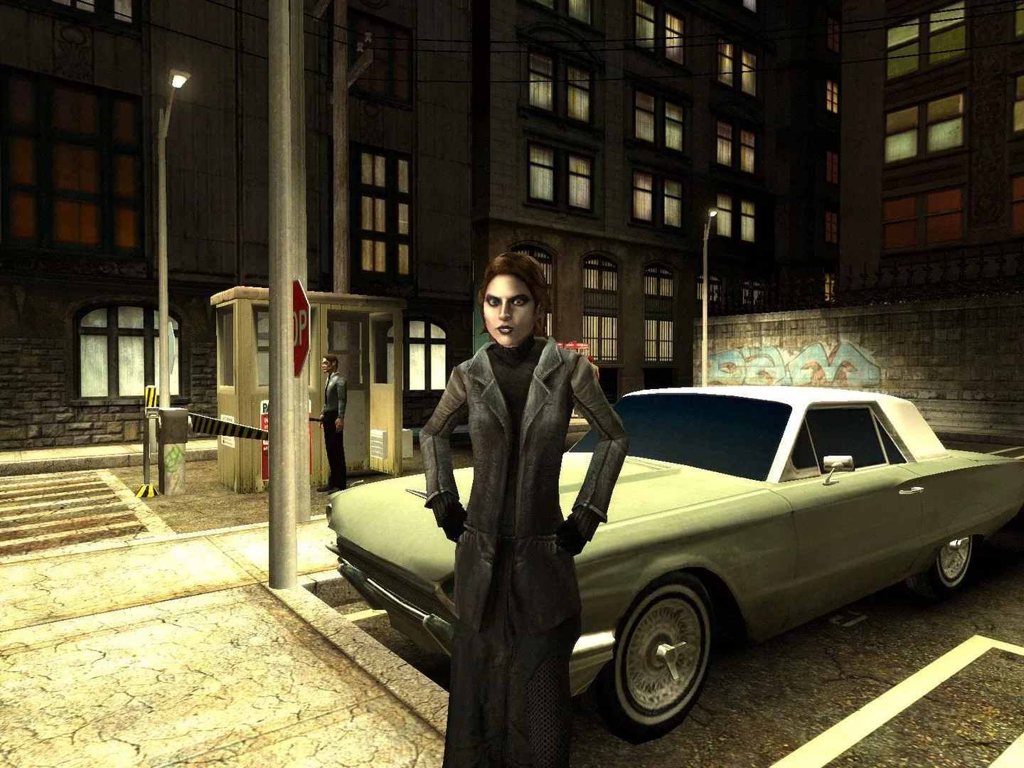 Ảnh chụp màn hình chính thức của Vampire: The Masquerade – Bloodlines trên Steam, thể hiện một ma cà rồng nữ đứng trong một con hẻm tối tăm của thành phố, với ánh sáng đèn neon và không khí u ám