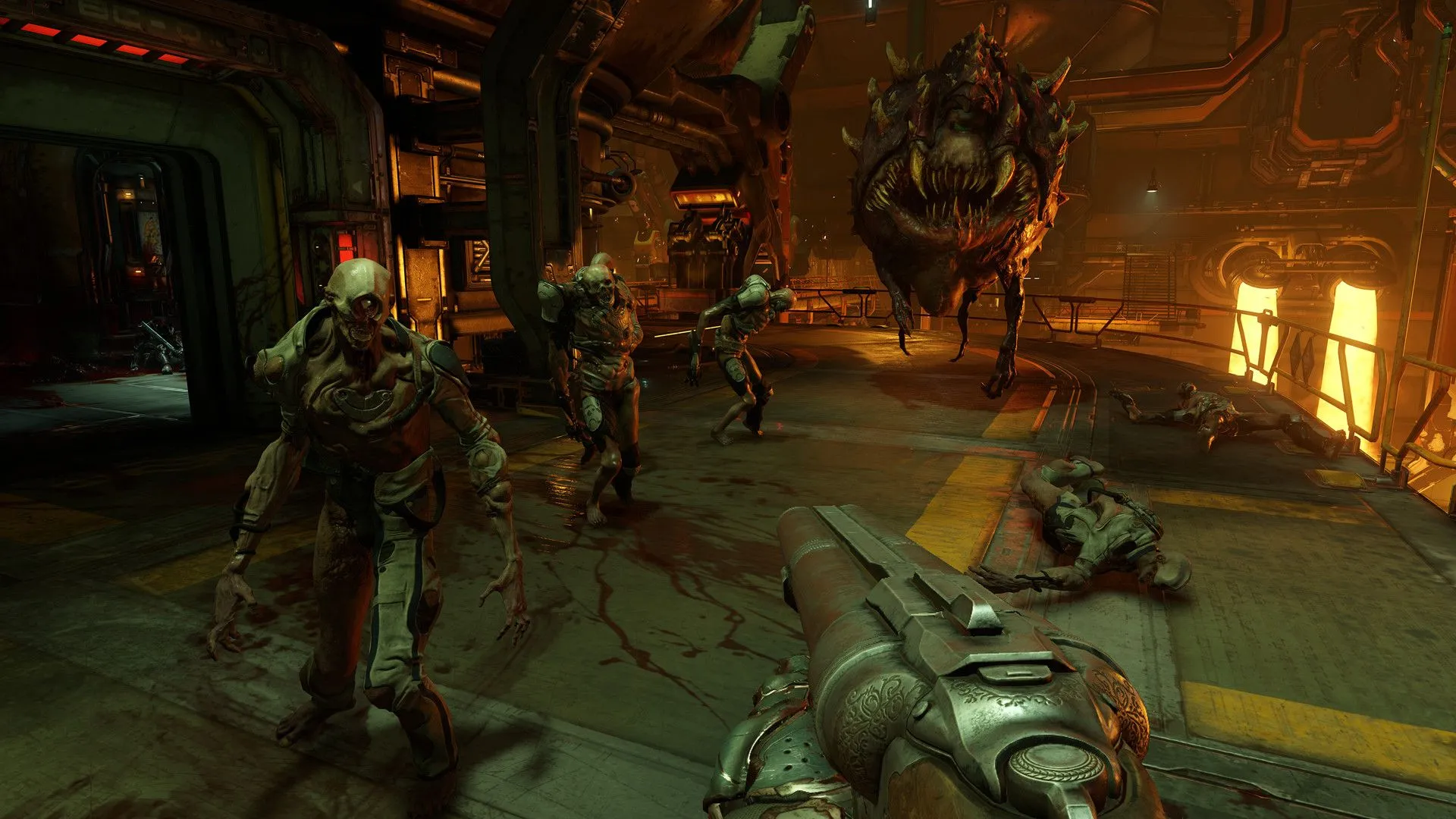 Ảnh chụp màn hình chính thức DOOM 2016 với nhiều quỷ và súng shotgun của người chơi.