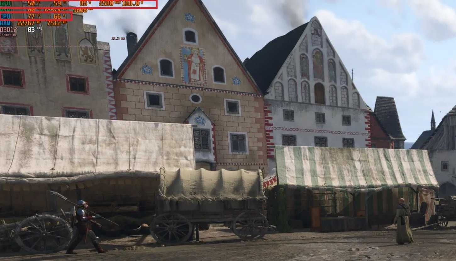 Ảnh chụp màn hình Kingdom Come Deliverance II hiển thị chỉ số hiệu suất game, cho thấy tỷ lệ sử dụng GPU thấp (85%) và CPU cao (66%), dấu hiệu của nghẽn cổ chai CPU.