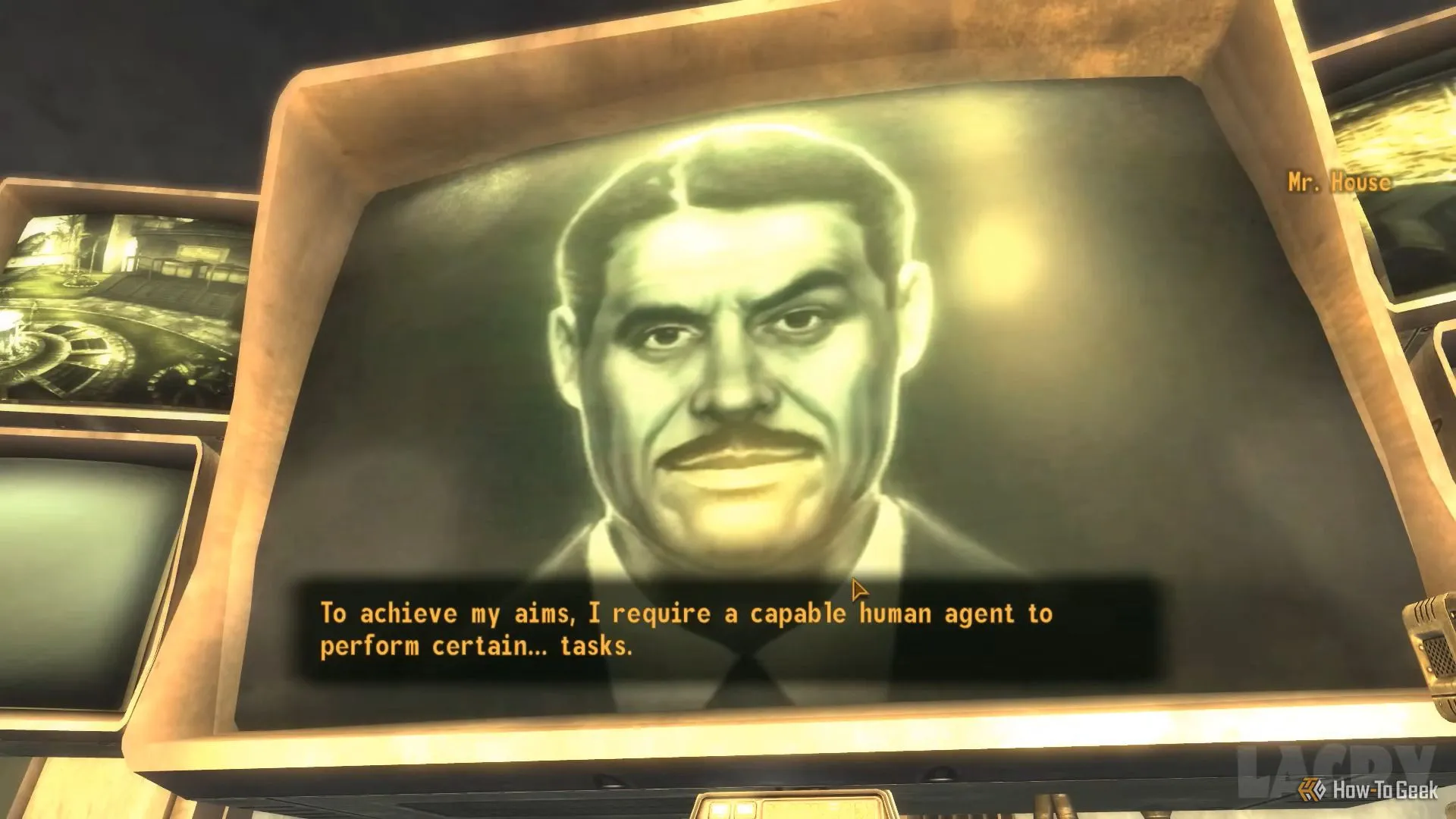 Ảnh chụp màn hình nhân vật Mr. House trong Fallout: New Vegas, minh họa lối kể chuyện sâu sắc.