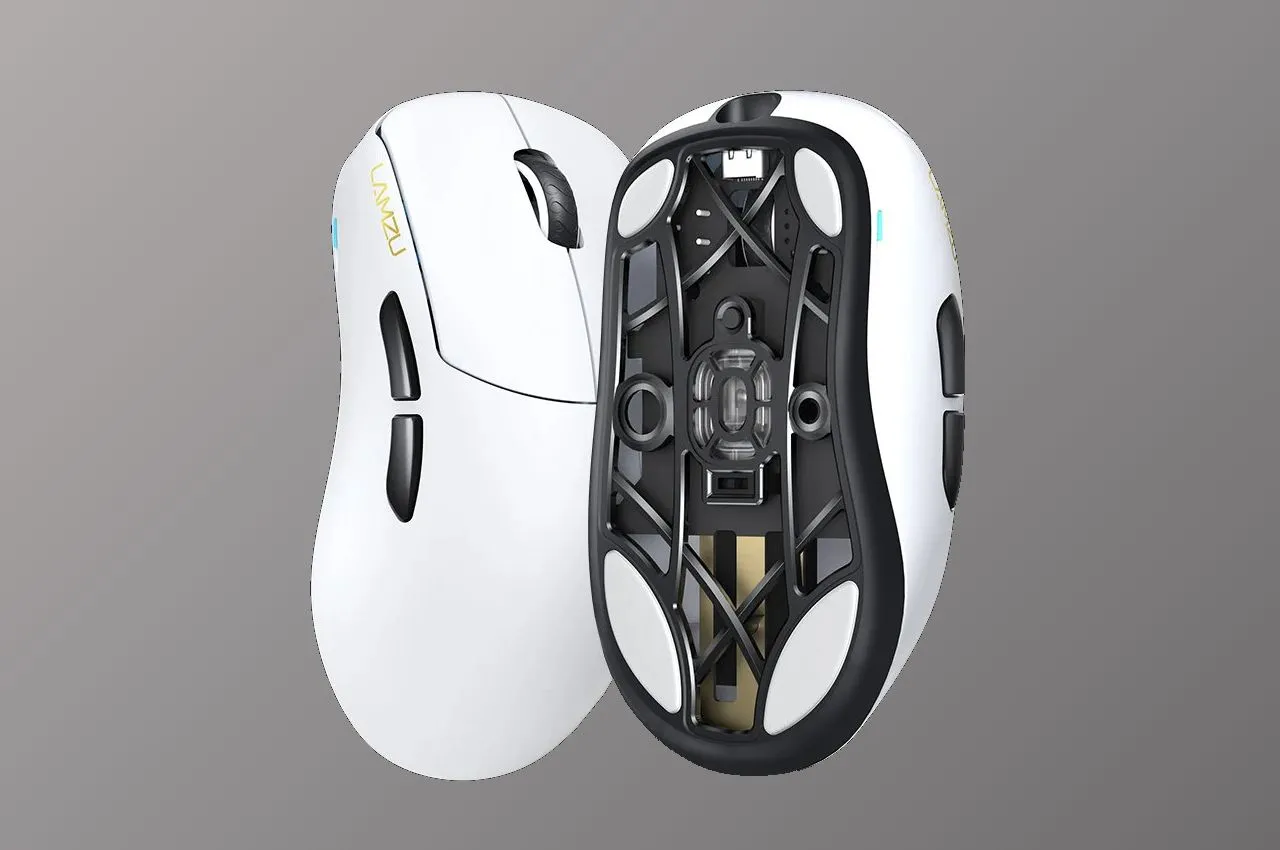 Ảnh chụp mặt trên và mặt dưới chuột gaming không dây Lamzu Thorn, thể hiện các chi tiết thiết kế.