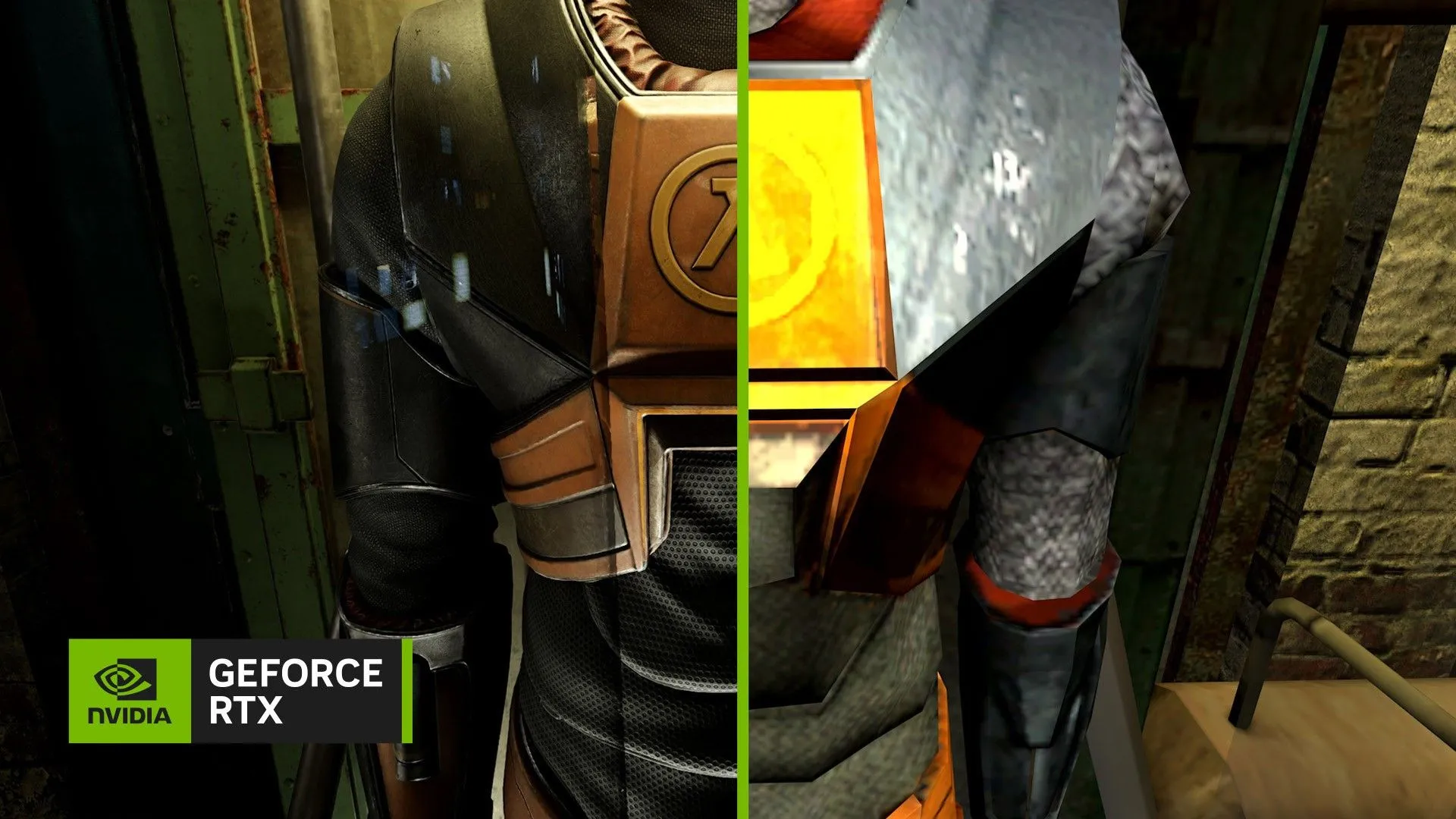 Áo giáp Half-Life 2 RTX của NVIDIA Geforce cho thấy sự thay đổi trước và sau xử lý AI, gợi nhắc G-Man.