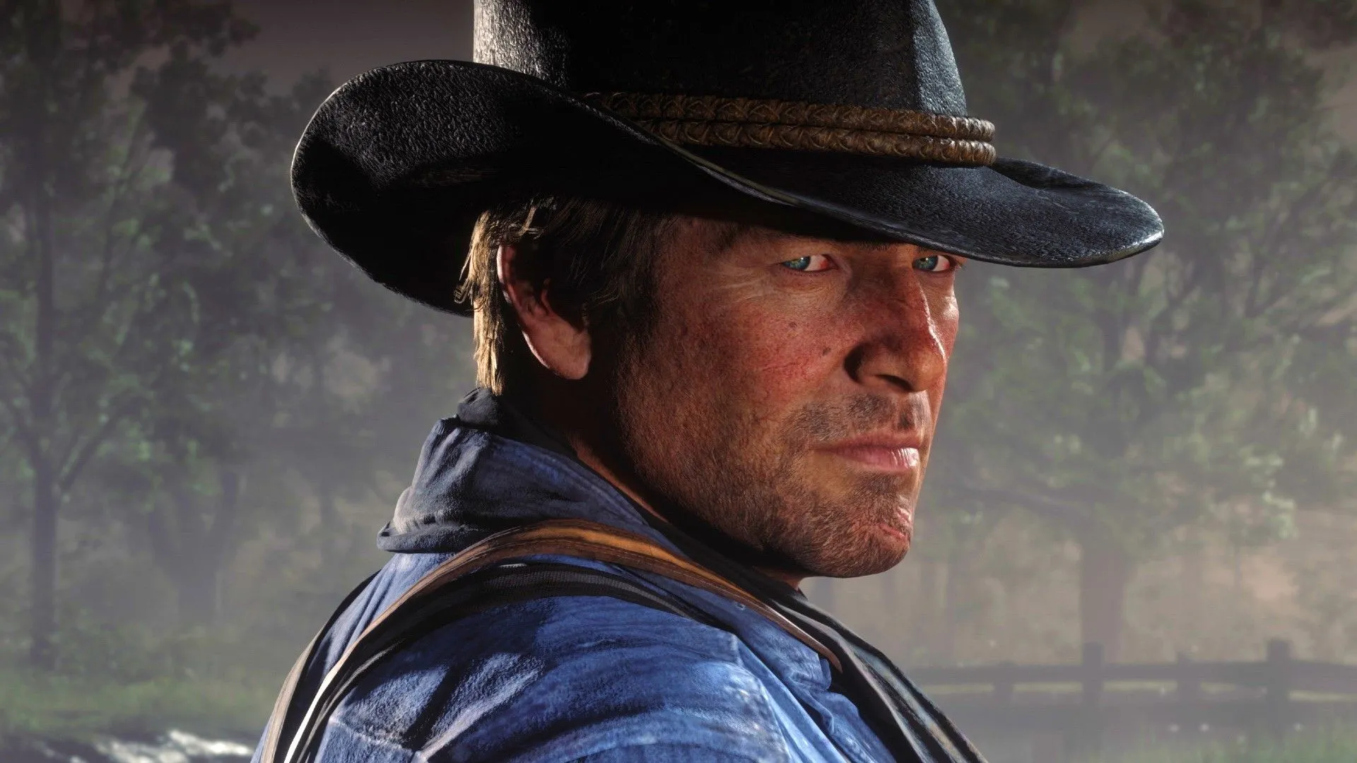 Arthur Morgan nhìn lại qua vai, thể hiện sự bí ẩn trong Red Dead Redemption 2.