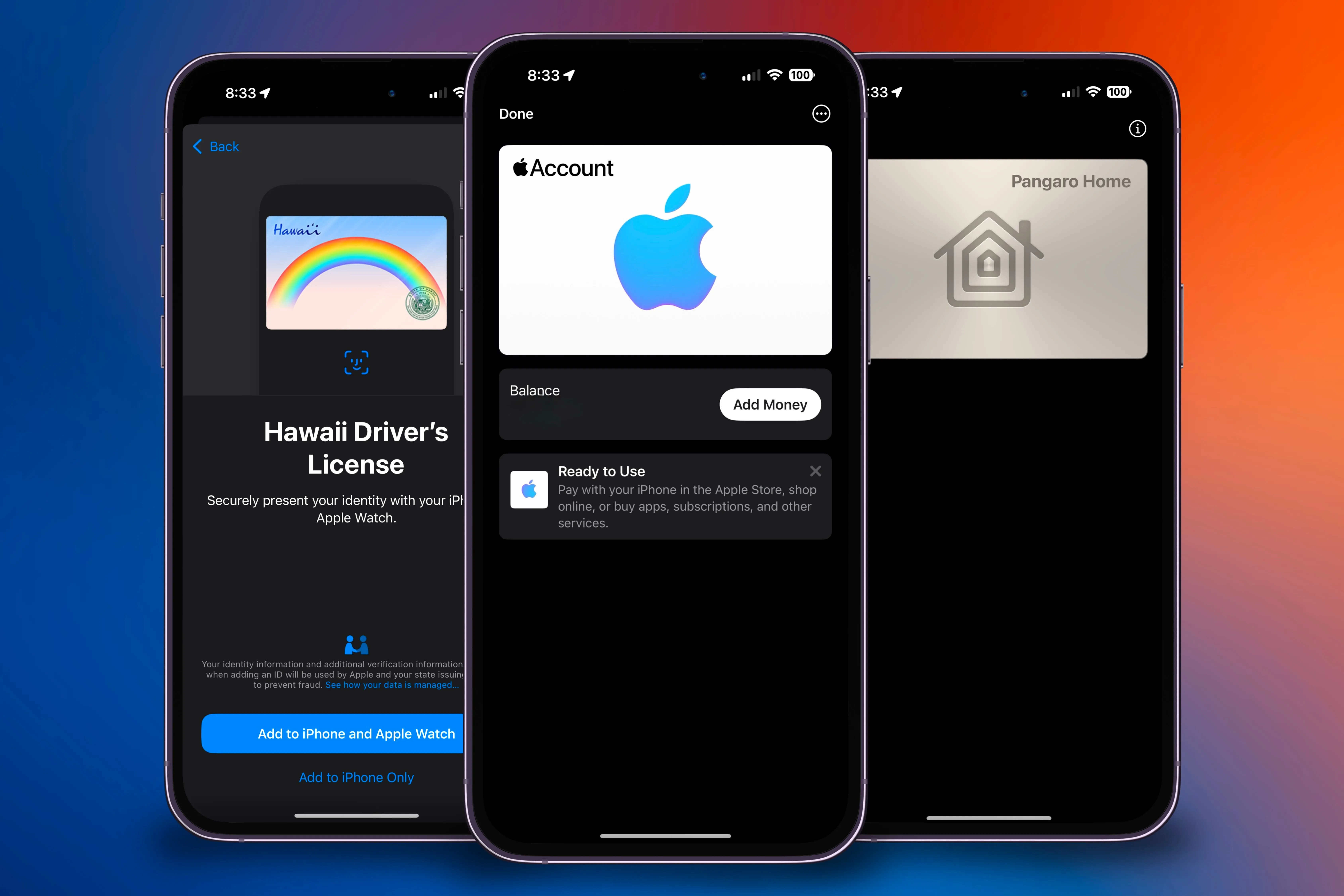Ba chiếc iPhone hiển thị các thẻ được hỗ trợ như bằng lái xe, thẻ tín dụng và thẻ giao thông trong ứng dụng Wallet.
