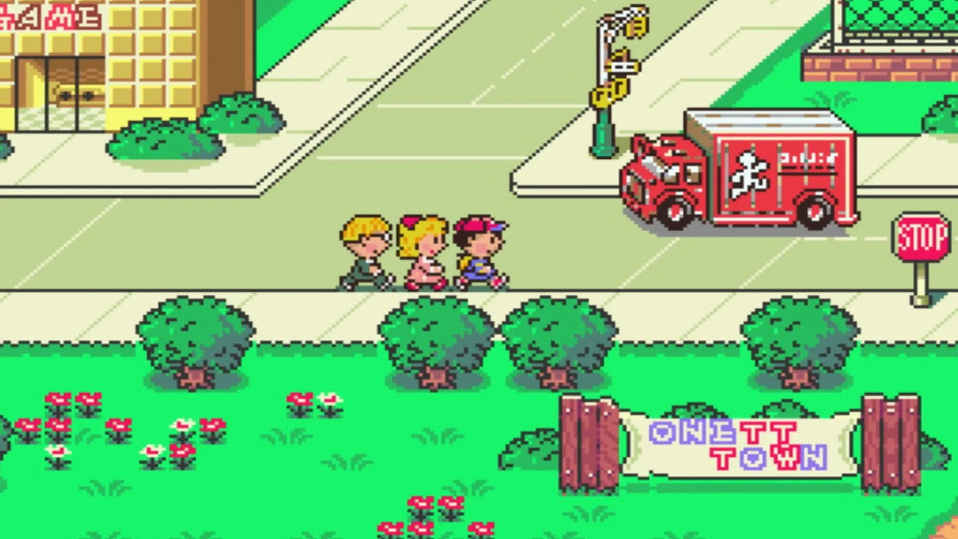 Ba đứa trẻ đang đi bộ trên đường phố với phong cách đồ họa độc đáo của game EarthBound