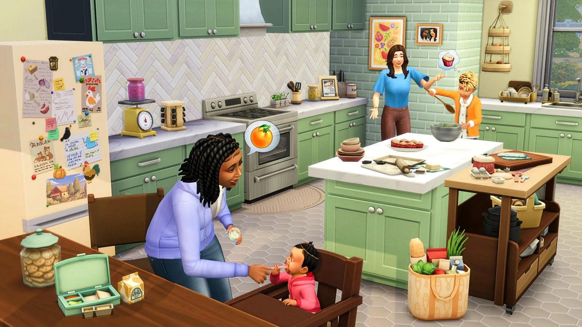 Bà mẹ Sim chăm sóc hai đứa trẻ, minh họa cho thử thách gia tộc ngẫu nhiên trong The Sims 4