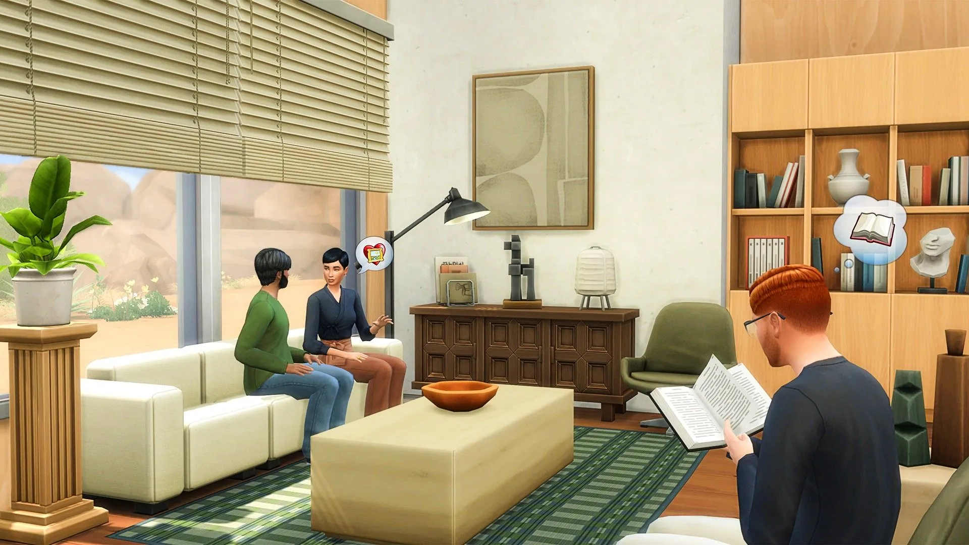 Ba Sim ngồi trên ghế sofa trò chuyện, minh họa cho thử thách Big Brother trong The Sims 4