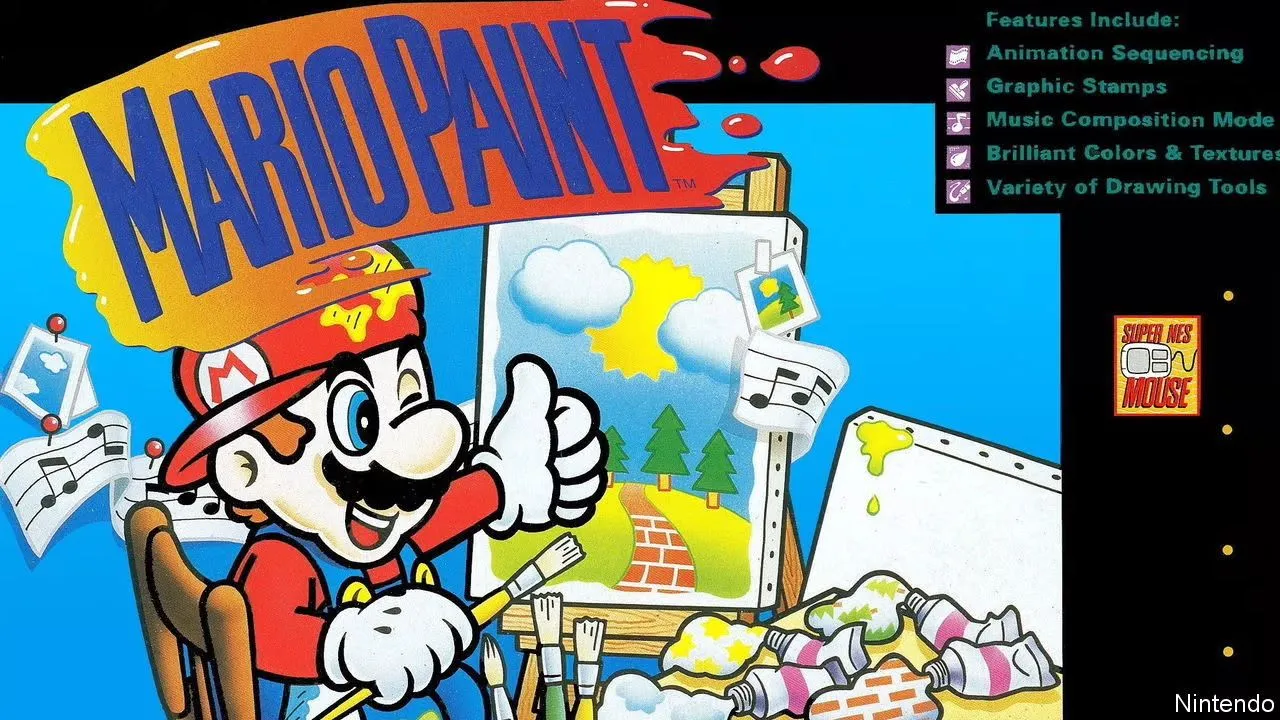 Băng game Mario Paint trên hệ máy SNES, tượng trưng cho khả năng sáng tạo hội họa của tính năng chuột Joy-Con Switch 2.