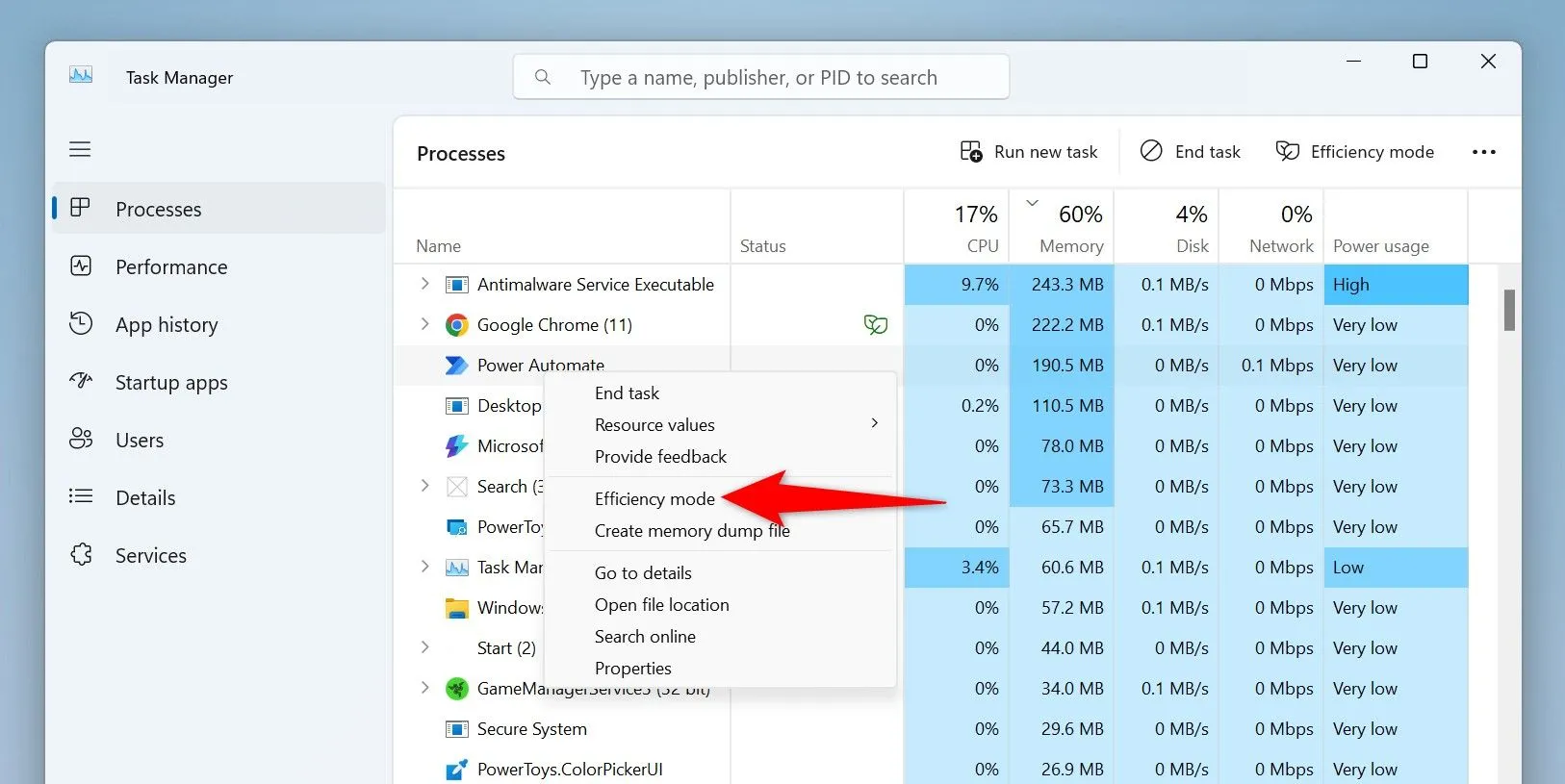 Bật &quot;Chế độ hiệu quả&quot; (Efficiency Mode) cho ứng dụng trong Task Manager của Windows 11.
