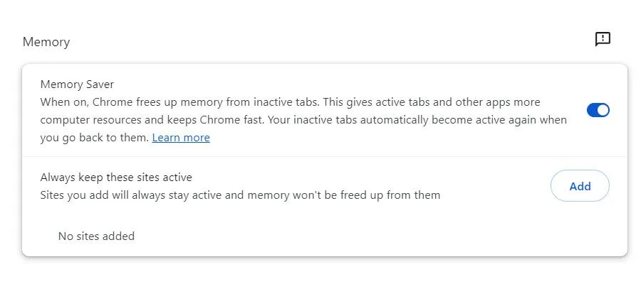 Bật chế độ Tiết kiệm bộ nhớ (Memory Saver) trong cài đặt Hiệu suất của Chrome.