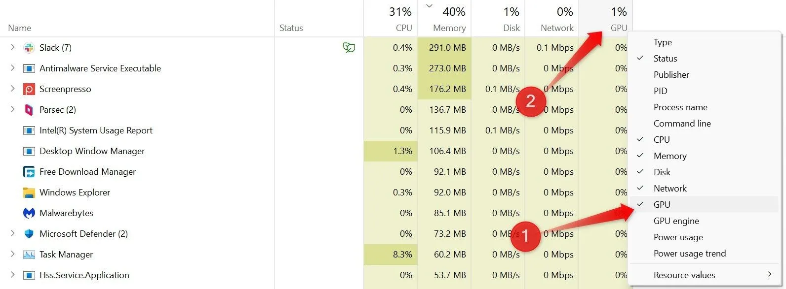 Bật cột GPU để theo dõi hiệu suất card đồ họa trong Task Manager của máy tính