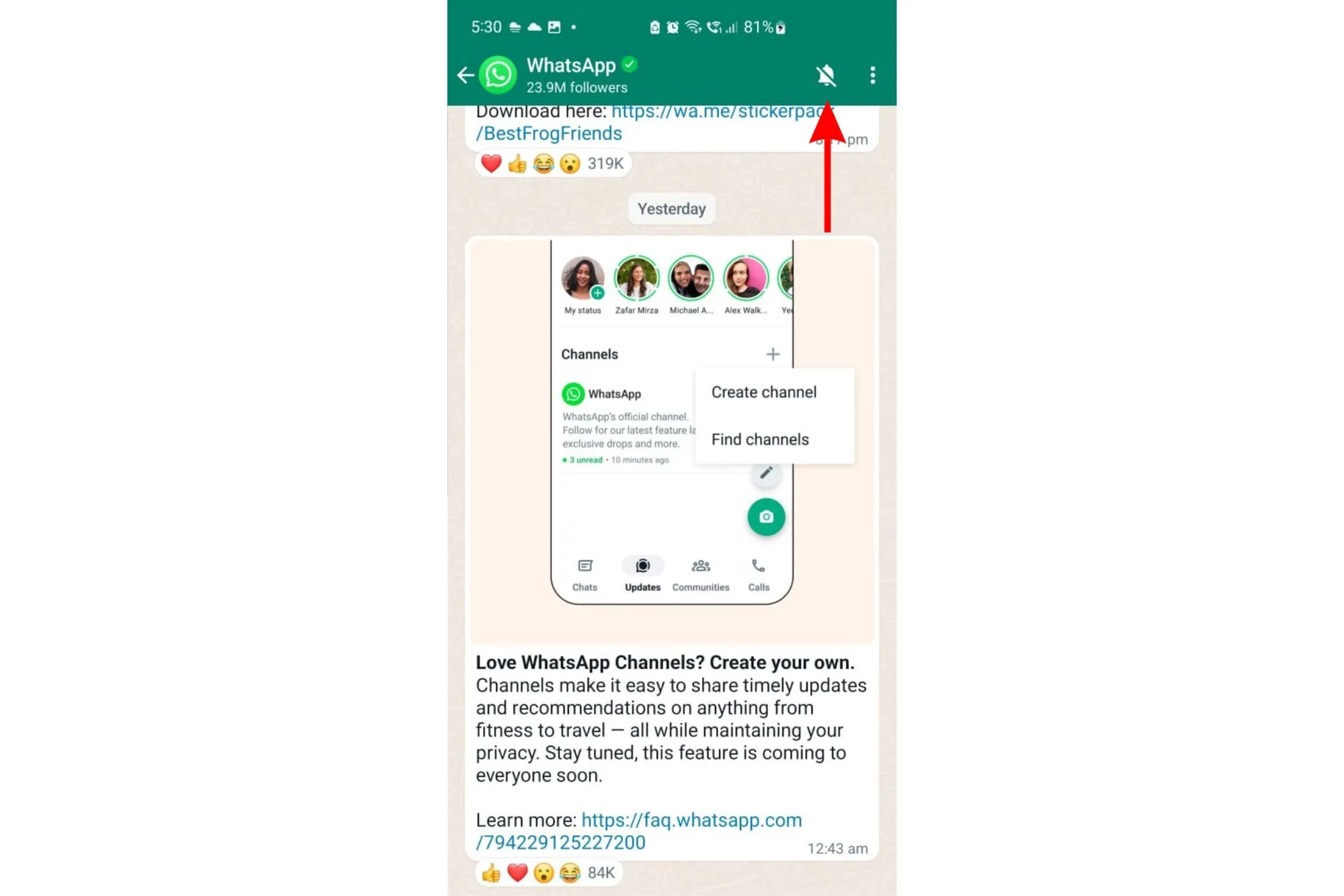 Bật hoặc tắt thông báo cho Kênh WhatsApp cụ thể bằng biểu tượng chuông