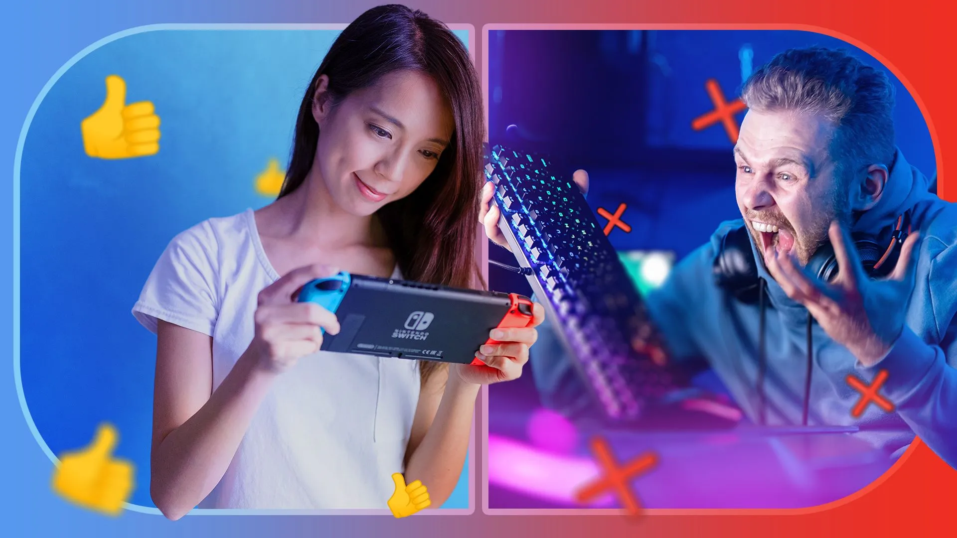 Bên trái là một người phụ nữ đang chơi game trên Nintendo Switch, bên phải là một người đàn ông giận dữ cầm bàn phím PC, minh họa sự khác biệt về môi trường game.