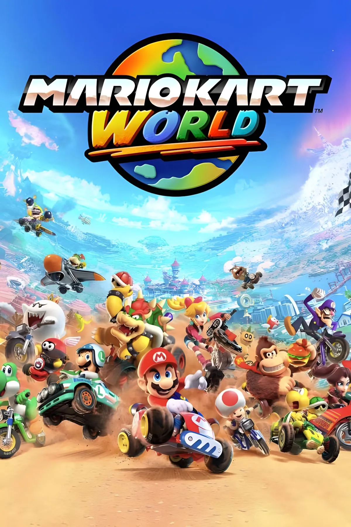 Bìa game Mario Kart World với Mario và các nhân vật khác đang đua xe trên một đường đua đầy màu sắc và động