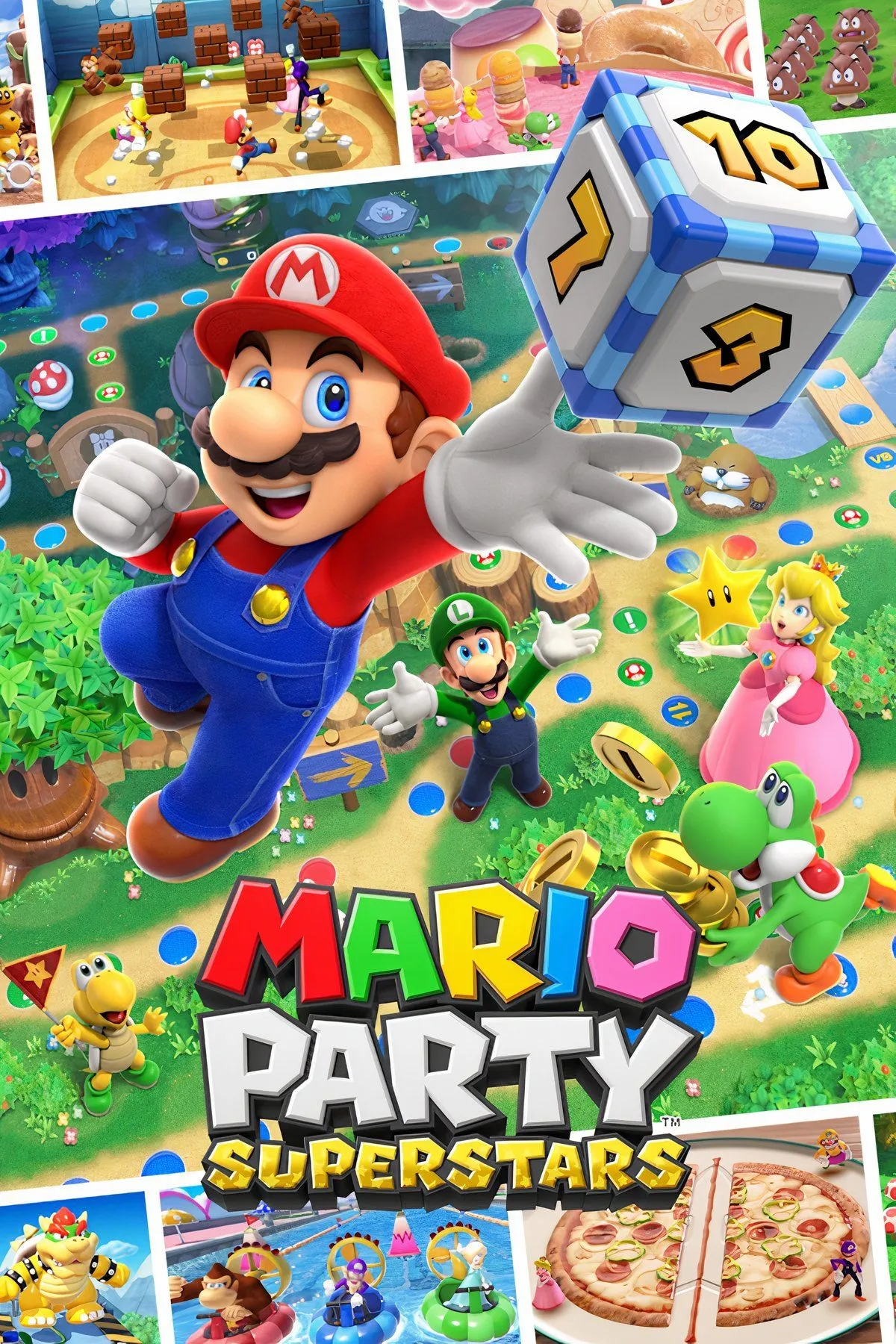 Bìa game Mario Party Superstars với các nhân vật Mario đang vui vẻ chơi trên bảng game