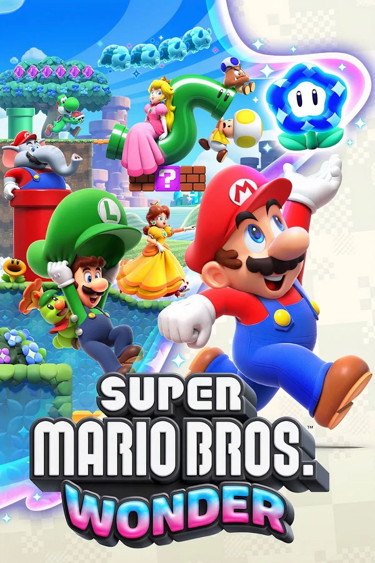 Bìa game Super Mario Bros. Wonder với Mario và các nhân vật khác đang nhảy múa và tương tác trong một thế giới đầy màu sắc