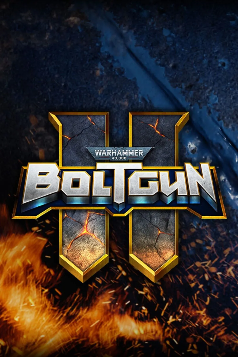 Bìa game Warhammer 40,000: Boltgun với một Space Marine đang chiến đấu trong môi trường pixel art retro, gợi nhớ Doom cổ điển.
