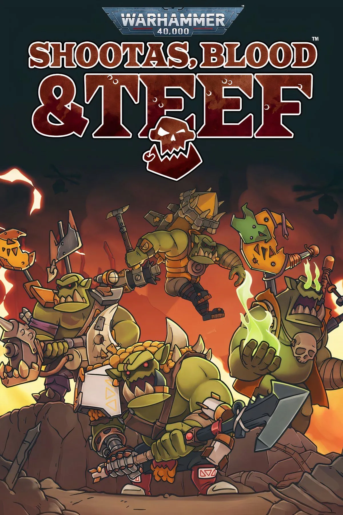 Bìa game Warhammer 40,000: Shootas, Blood &amp; Teef với nhóm Orks đang xông trận trong phong cách đồ họa 2D cuộn ngang.