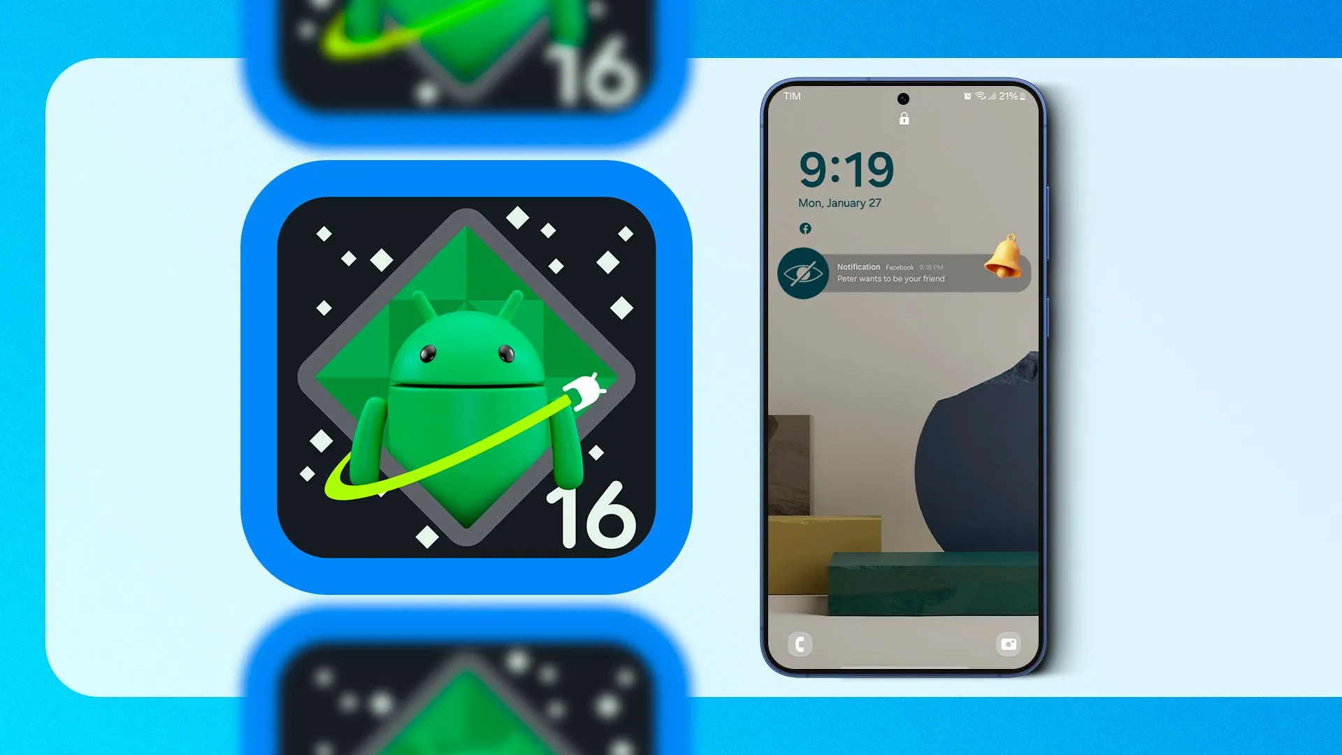 Biểu tượng Android 16 và điện thoại thông minh, minh họa cho Hello UI mới