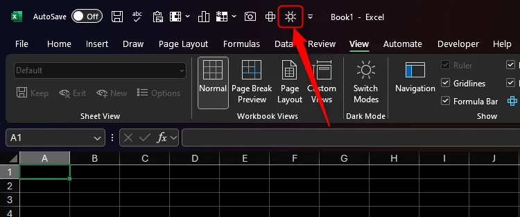 Biểu tượng chế độ sáng trên Thanh công cụ truy cập nhanh (QAT) của Excel