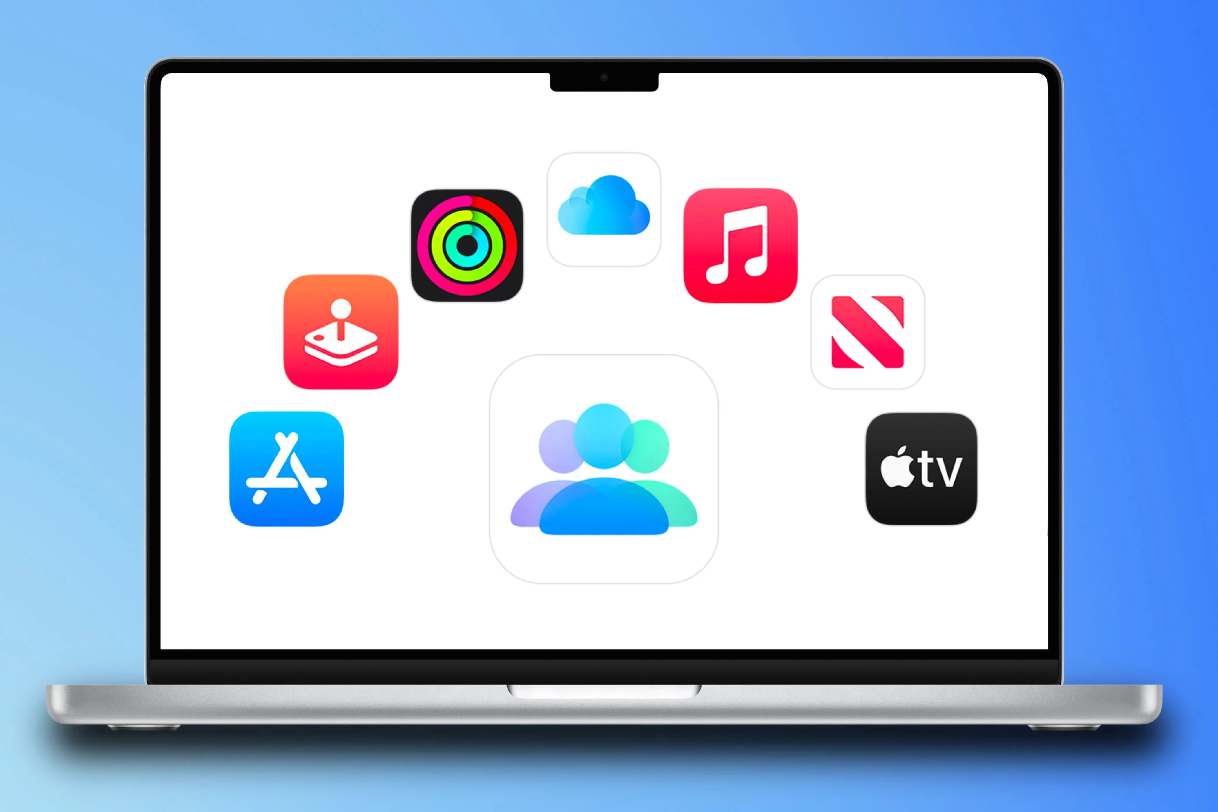 Biểu tượng Chia sẻ Gia đình của Apple và các dịch vụ Apple One trên màn hình MacBook Pro