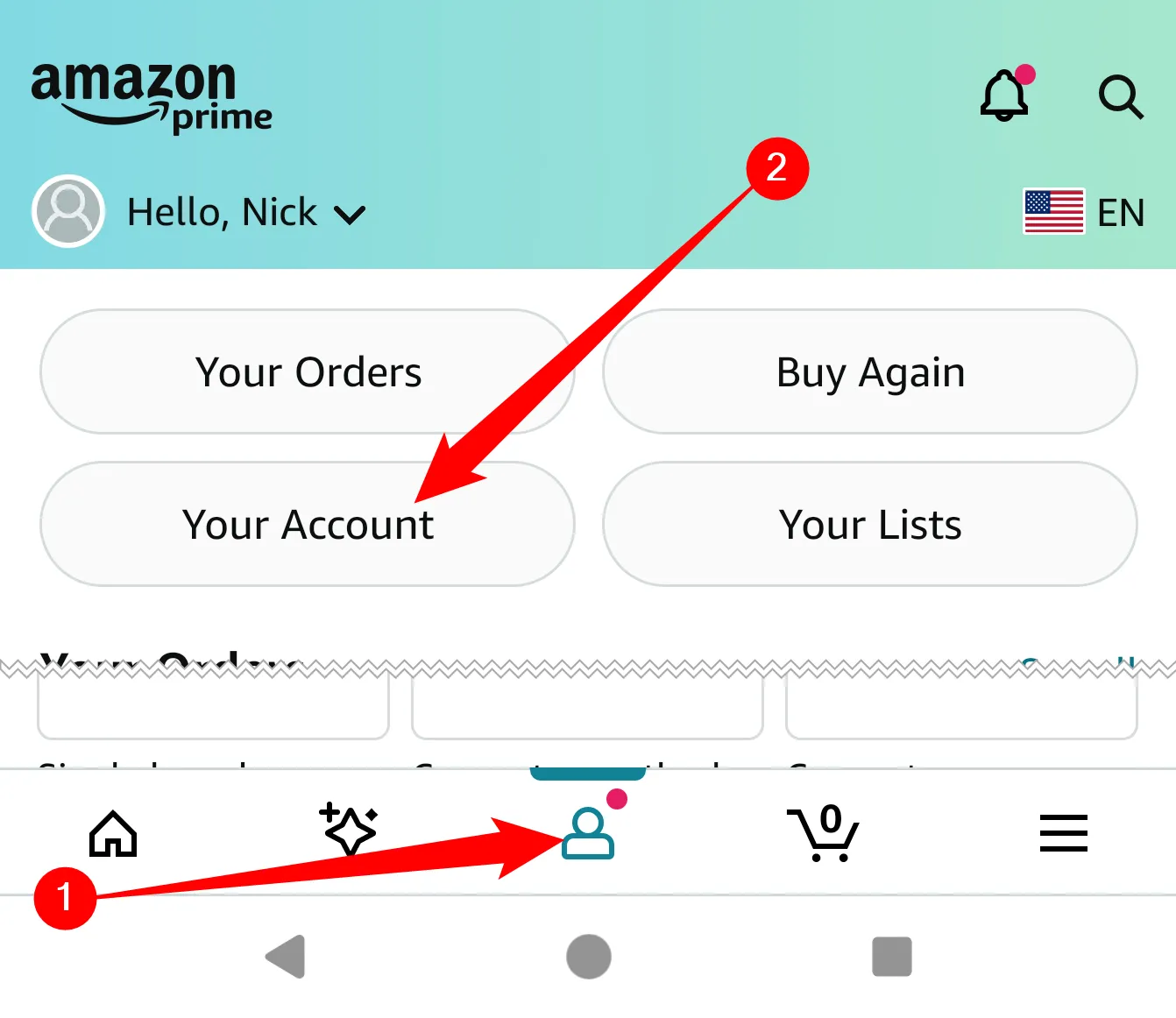 Biểu tượng hồ sơ cá nhân và lựa chọn &quot;Tài khoản của bạn&quot; trong ứng dụng Amazon trên điện thoại