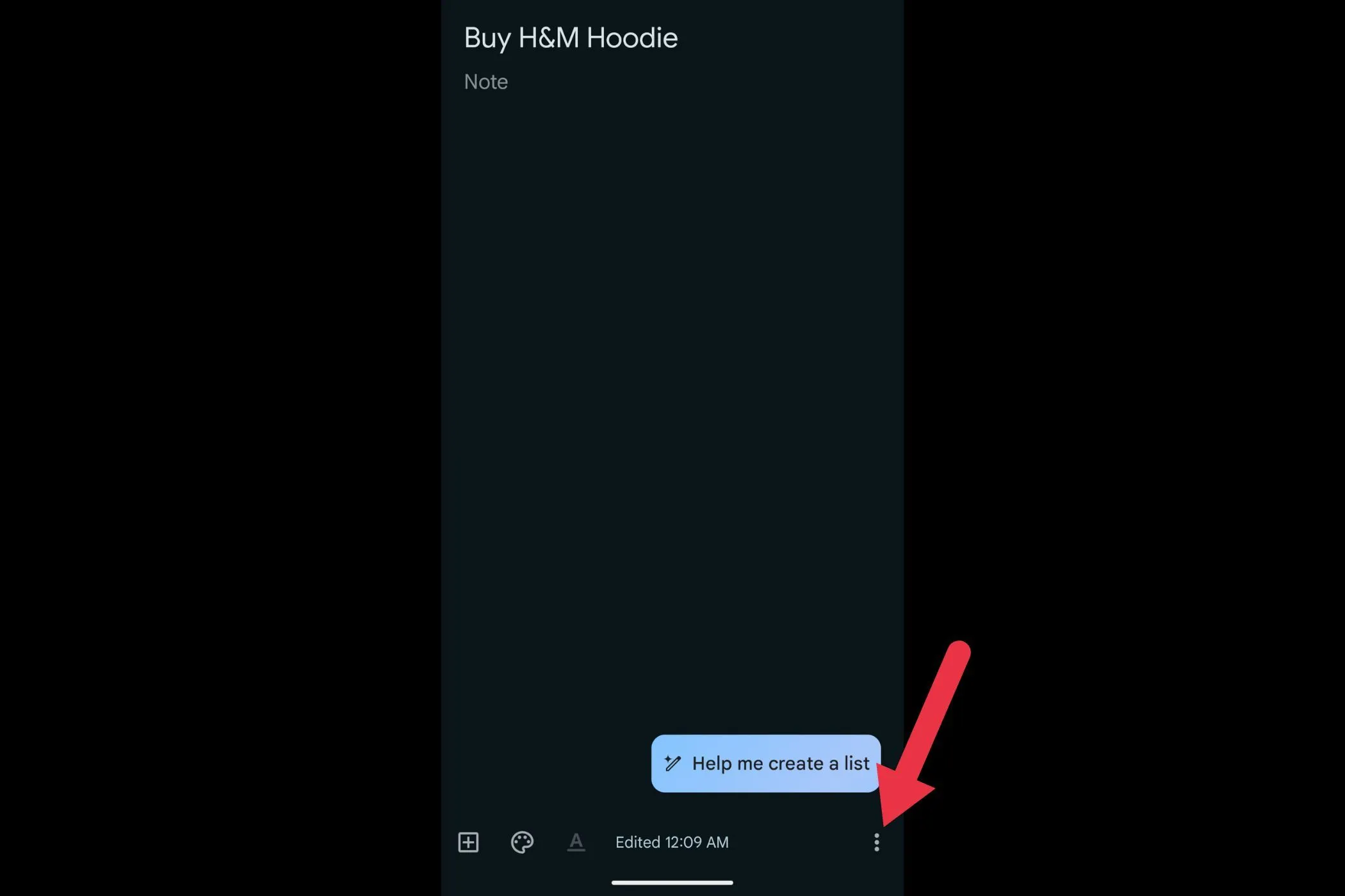 Biểu tượng menu ba chấm ở góc dưới bên phải ghi chú Google Keep.
