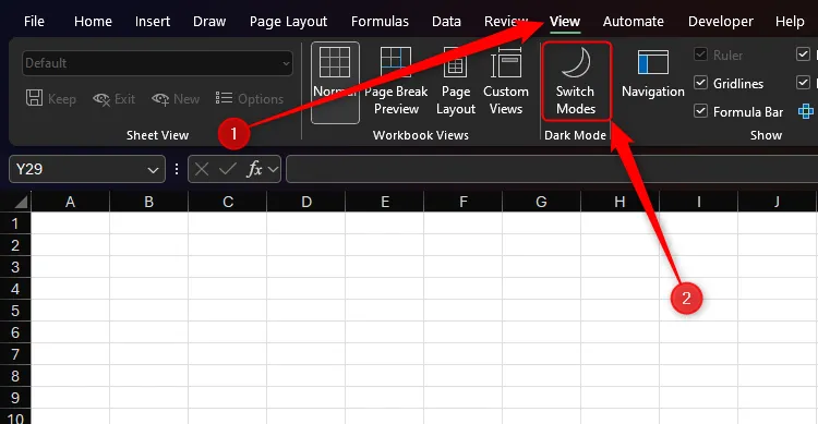 Biểu tượng &quot;Switch Modes&quot; trong tab &quot;View&quot; của Microsoft Excel