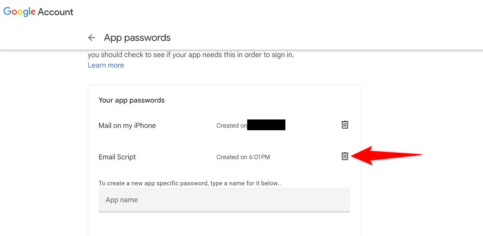 Biểu tượng thùng rác để xóa mật khẩu ứng dụng đã tạo trên Google