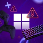 Biểu tượng Windows được bao quanh bởi bộ điều khiển chơi game và bàn phím, kèm theo nhiều dấu hiệu cảnh báo.