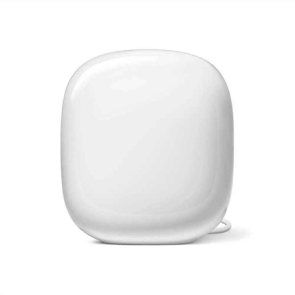 Bộ định tuyến Google Nest Wi-Fi Pro màu trắng tối giản, đặt trên bề mặt phẳng, biểu tượng cho hệ thống Wi-Fi 6E tốc độ cao.