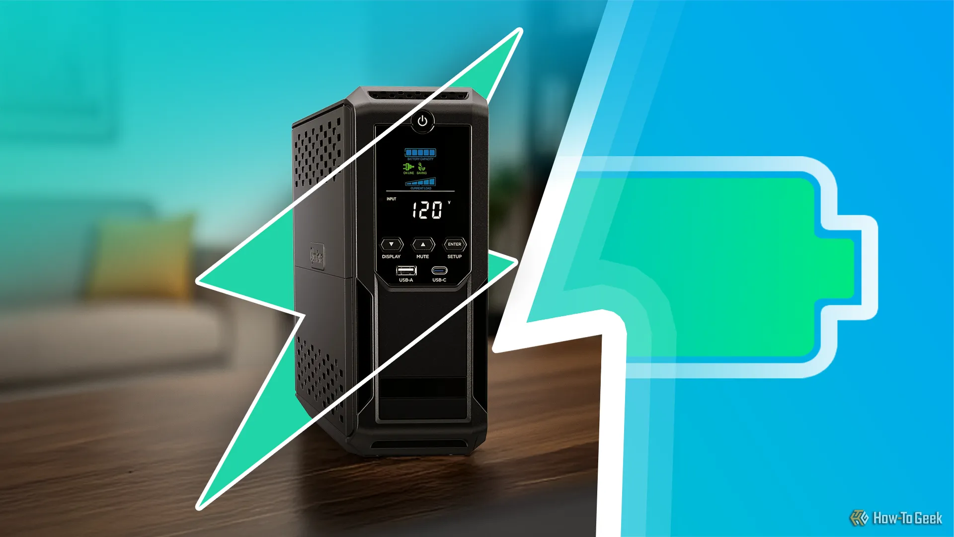 Bộ nguồn dự phòng UPS đặt trên bàn làm việc, biểu tượng tia sét và pin xanh.