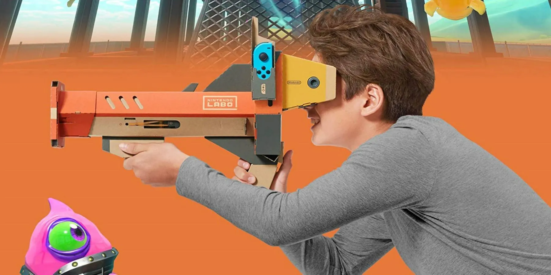Bộ Nintendo Labo và máy Switch, tượng trưng cho những cách chơi mới lạ mà Nintendo thường giới thiệu, mở ra tiềm năng cho các ý tưởng game độc đáo với Joy-Con chuột.