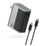 Bộ sạc CUKTECH 15 GaN 140W màu xám với viền xanh và các cổng kết nối USB-C, USB-A.