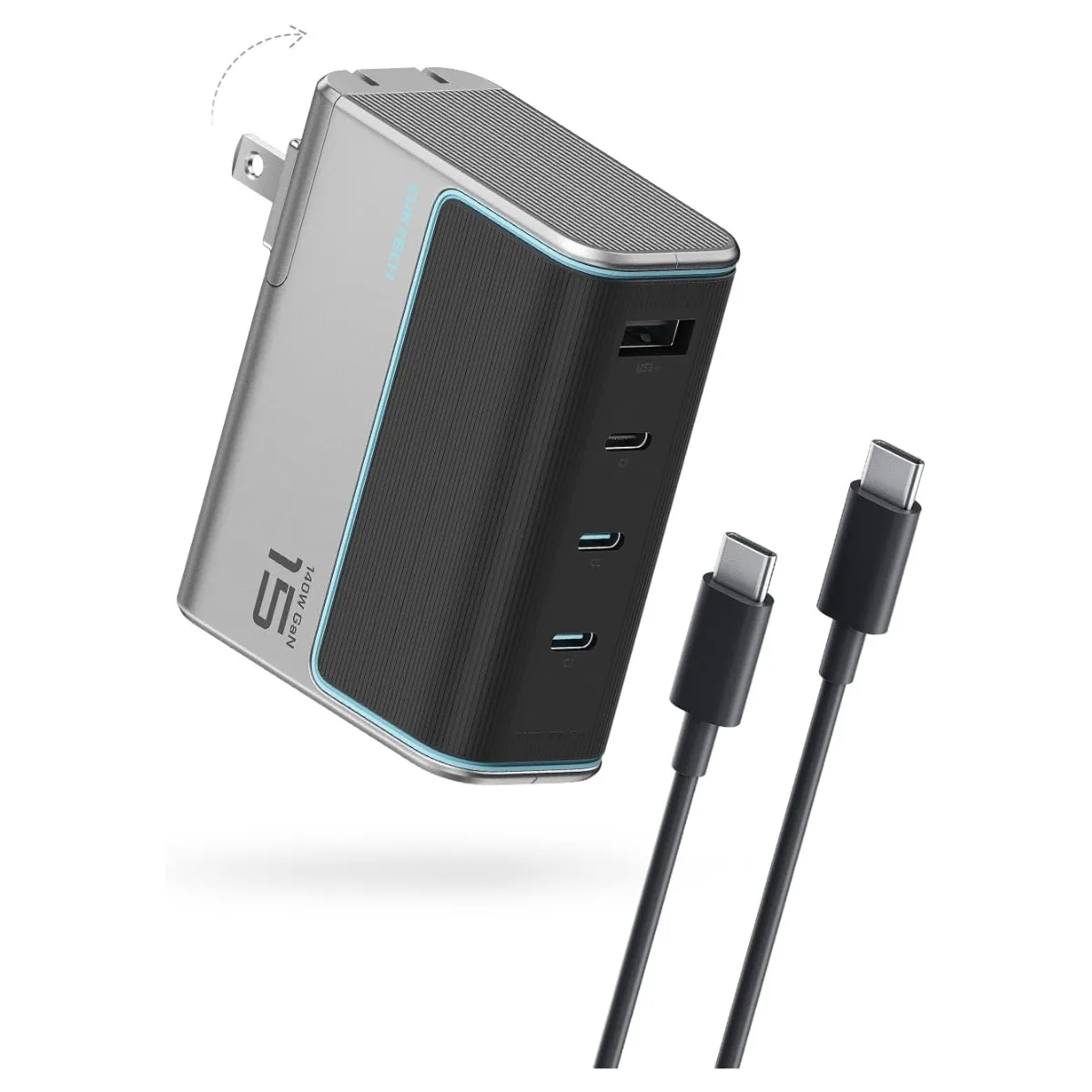 Bộ sạc CUKTECH 15 GaN 140W màu xám với viền xanh và các cổng kết nối USB-C, USB-A.