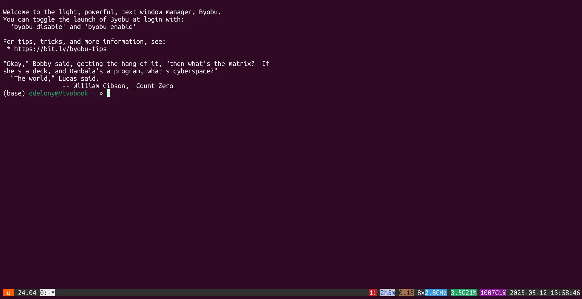 Byobu, một bộ ghép kênh terminal, đang chạy trên Ubuntu trong WSL, với các thanh trạng thái được tối ưu hóa.