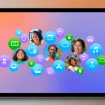 Các biểu tượng Family Sharing hiển thị trên iPad với nền đầy màu sắc.