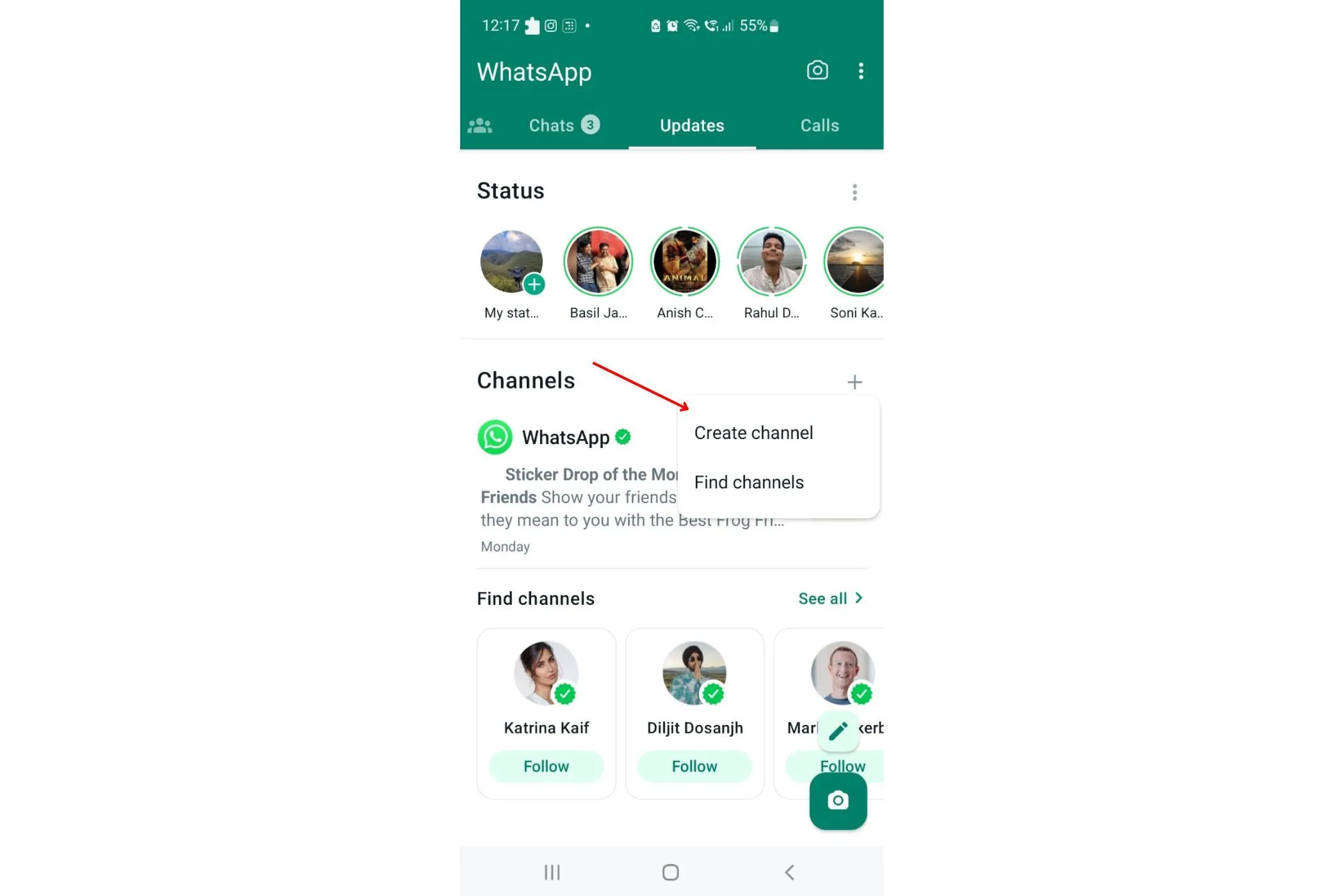 Các bước tạo Kênh WhatsApp mới thông qua tab Cập nhật