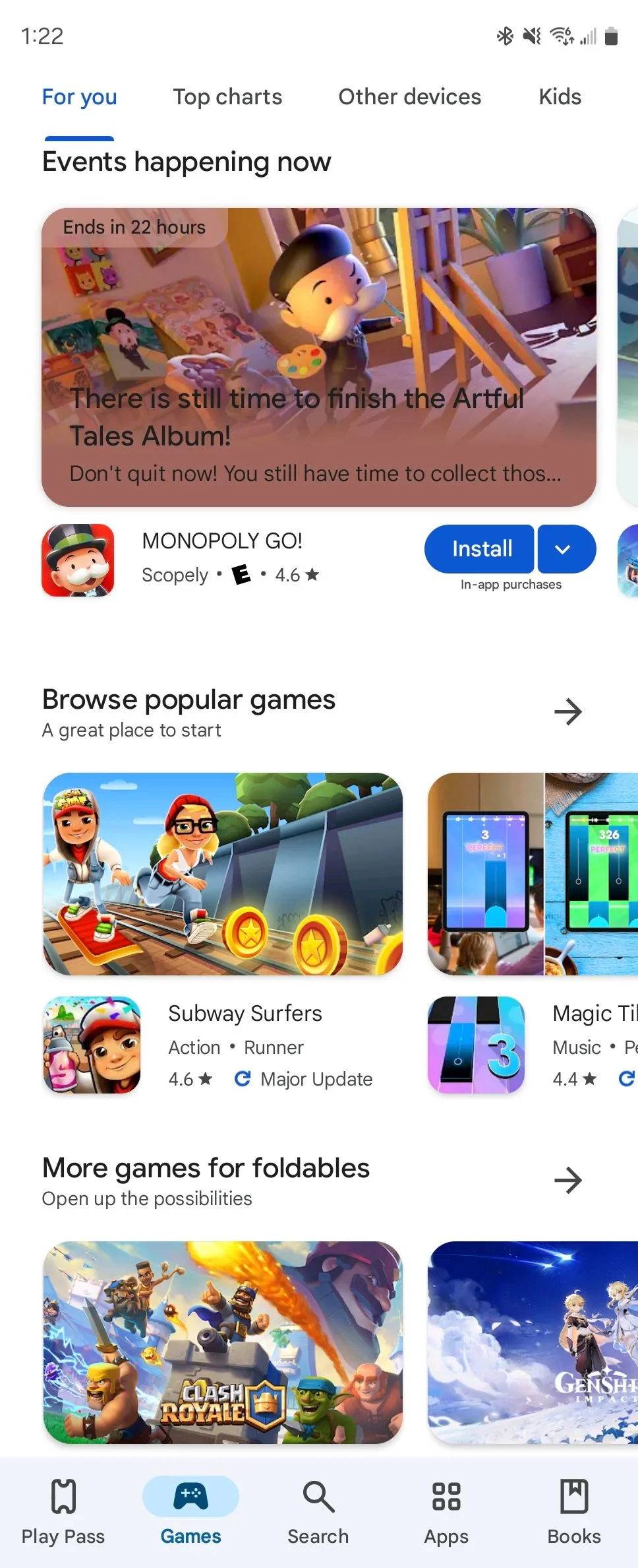 Các danh mục game được đề xuất trên Google Play Store.