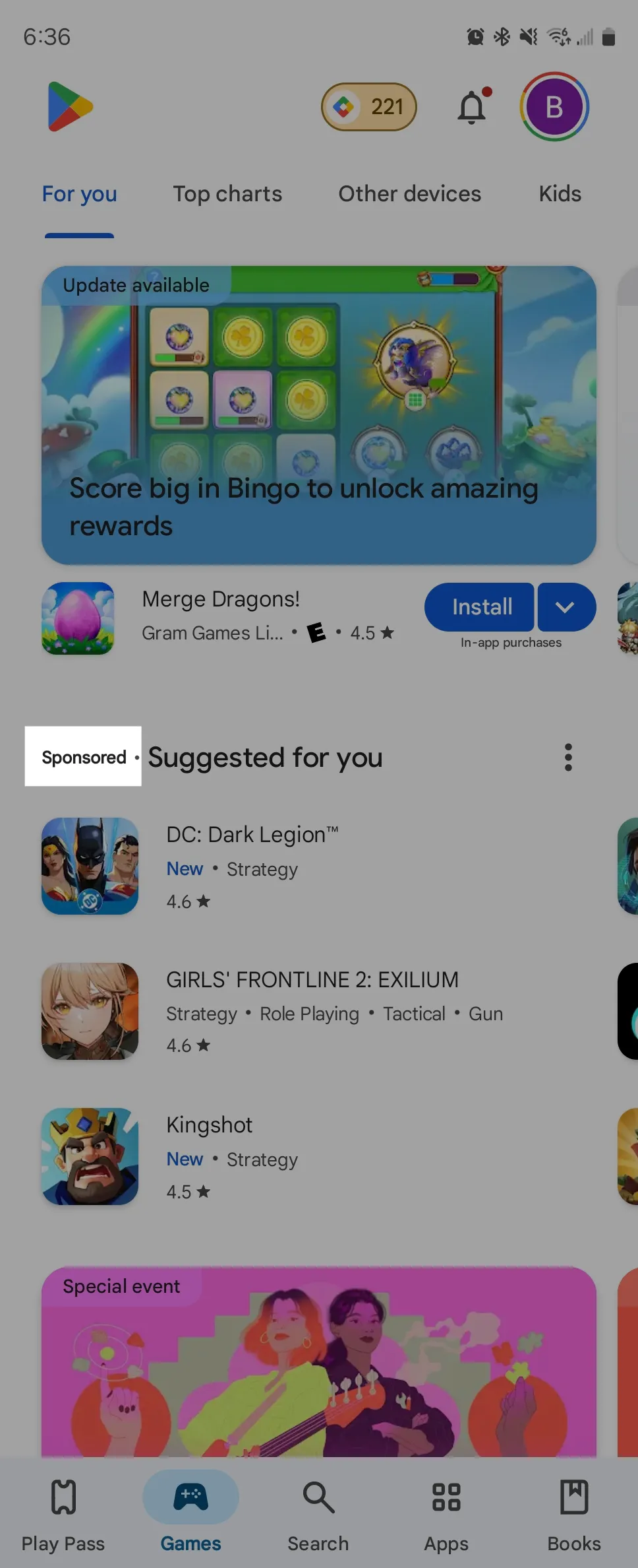 Các game được tài trợ hiển thị dưới dạng danh sách dọc trên Google Play Store