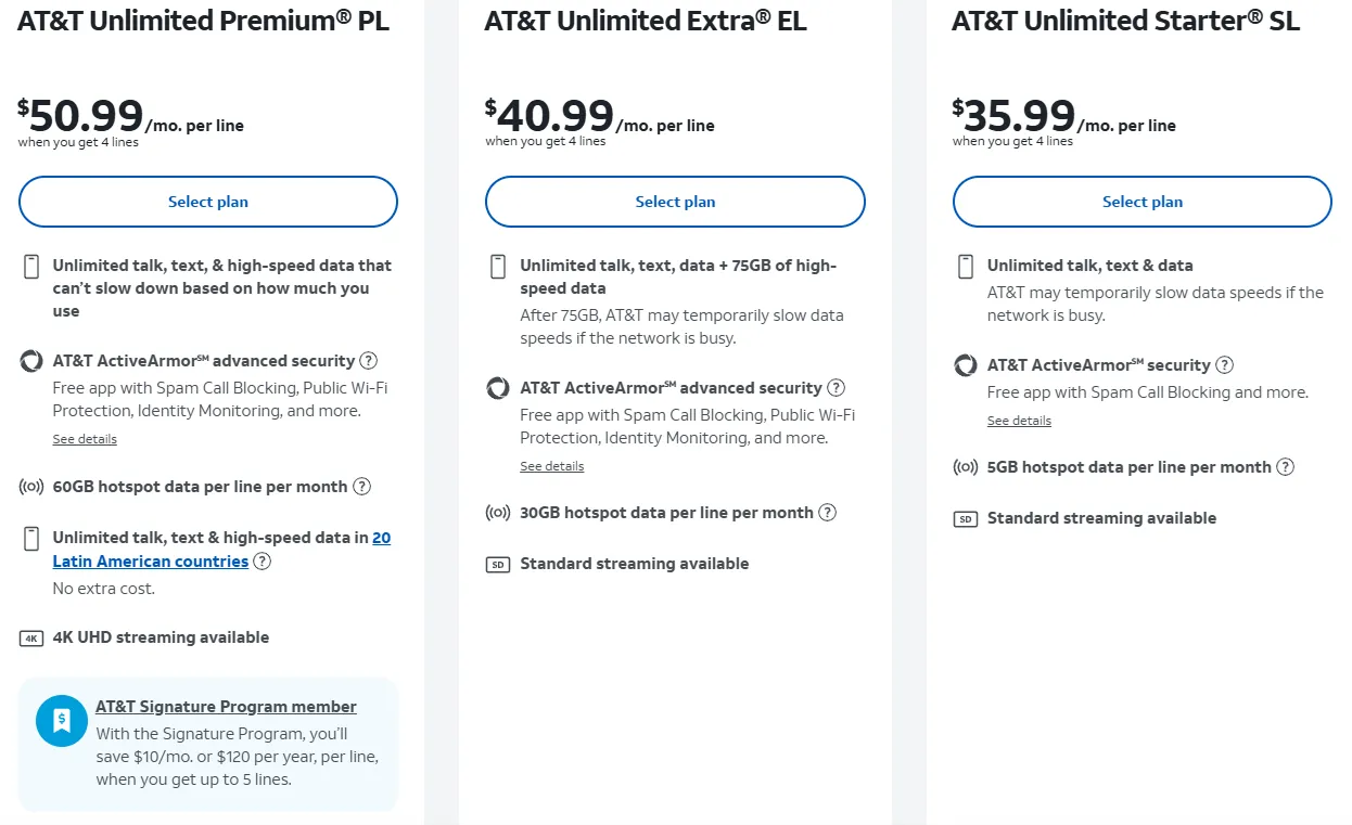 Các gói cước không giới hạn của AT&amp;T được quảng cáo với giá từ 35.99 USD