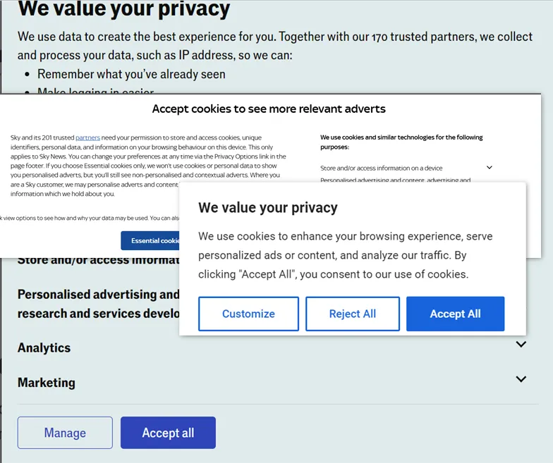 Các hộp thoại bật lên yêu cầu chấp nhận cookie trên trình duyệt web, minh họa cho việc quản lý dữ liệu cá nhân khi duyệt web.