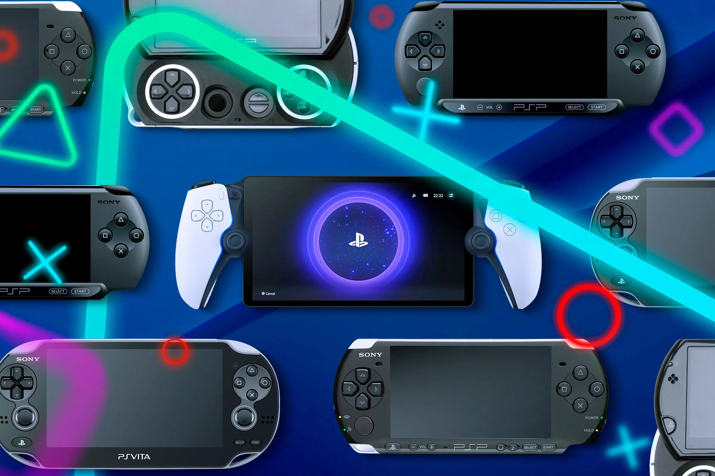 Các máy chơi game cầm tay của Sony được xếp cạnh nhau.