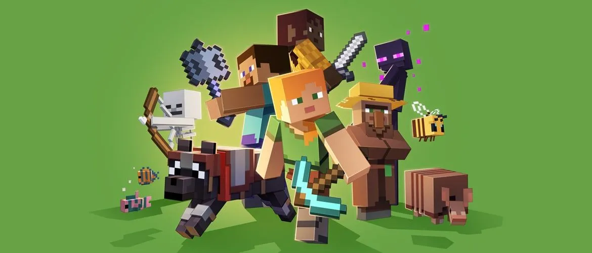 Các nhân vật Minecraft trên nền xanh lá cây