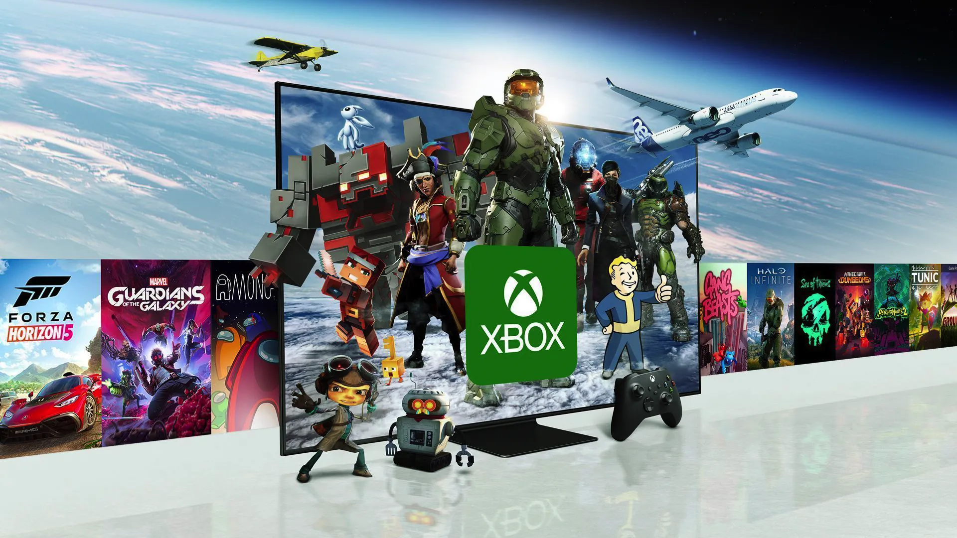 Các nhân vật và thương hiệu game nổi tiếng của Xbox như Master Chief hiển thị trên màn hình TV Samsung thông minh