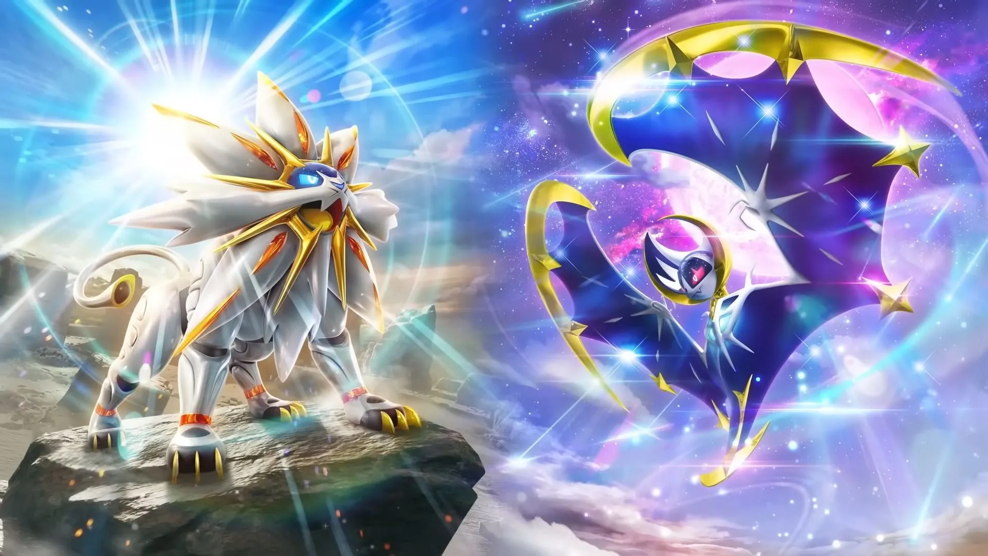 Các Pokémon huyền thoại Solgaleo và Lunala trên giao diện game Pokémon TCG Pocket, đại diện cho bản mở rộng Celestial Guardians