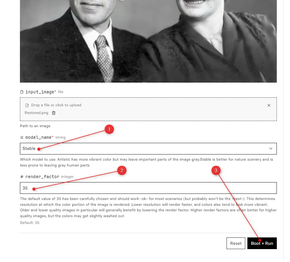 Các tùy chọn cấu hình và nút chạy của Deoldify trên Replicate